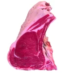 Costata di manzo cruda con osso, carne rossa marezzata e grasso bianco, ideale per griglia e cottura alla brace.