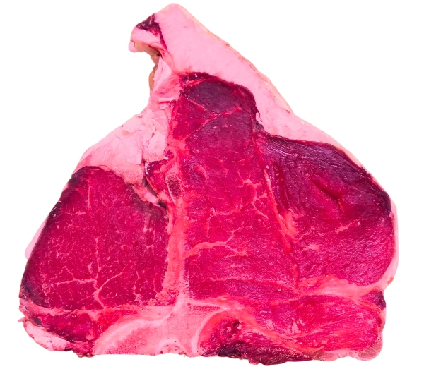 Bistecca Porterhouse cruda con osso a T, filetto e controfiletto ben distinti, carne fresca e succosa pronta per la griglia.