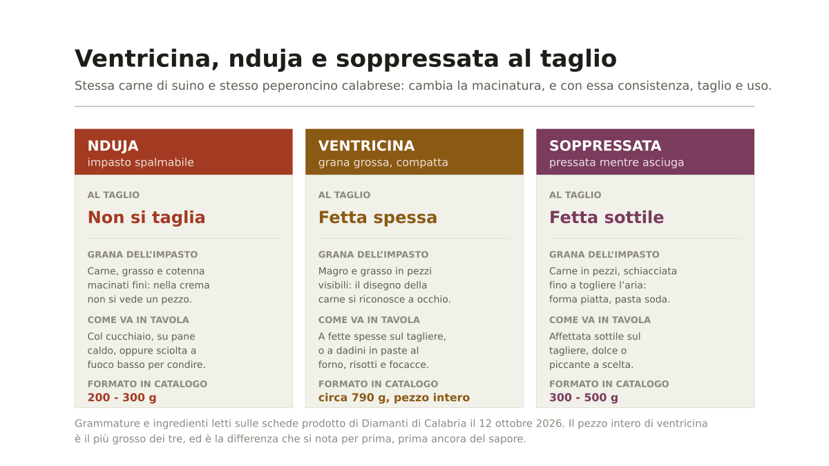 Ventricina calabrese: cos’è, come si usa e la differenza con nduja e soppressata